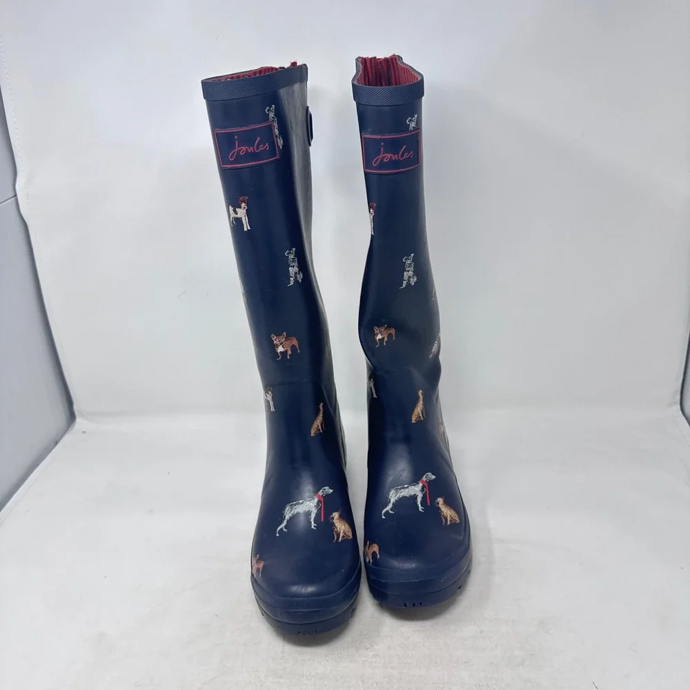 Joules Rain Boots Navy Blue Size 8 Dog Print Tall Wellingtons Waterproof